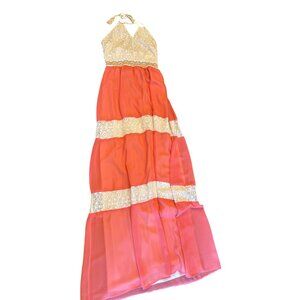 Flying Tomato Womens Coral Maxi Dress Halter Neck Tie Small Summer Cottage
